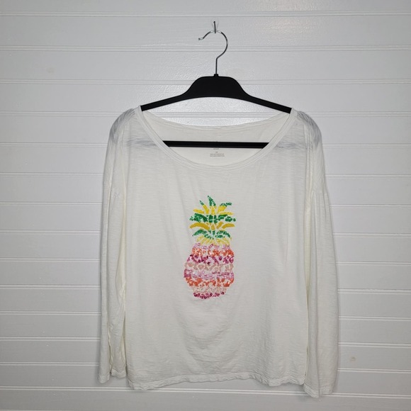 Talbots Plus Size 2X Long Sleeve Pineapple T Shirt Embellished Coastal Vacation - Picture 1 of 7